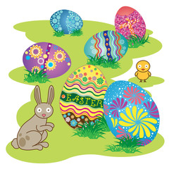 Easter Bunny with  Easter Eggs on Fresh Green Grass