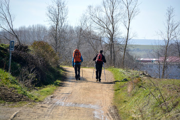 dos peregrinos caminando por el campo
