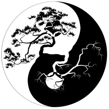 Black and white Bonsai tree on the Yin Yang symbol
