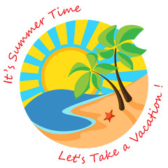 Sea view and sun in circle with word on white background