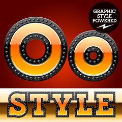 Industrial style orange font with rivet border. Letter O