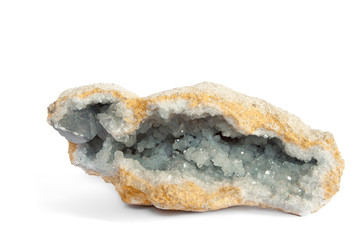 light blue crystals inside a geode