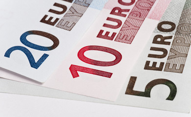Money. Three euro banknotes.