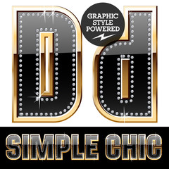 Chic black font with diamonds and gold border. Letter D