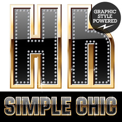 Chic black font with diamonds and gold border. Letter H