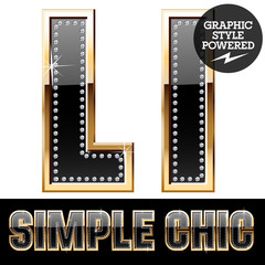 Chic black font with diamonds and gold border. Letter L