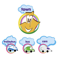 Set of cartoon icon - bus, trolley bus, car, house. Vector illus