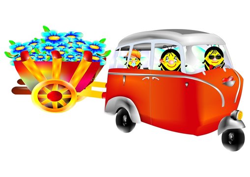 bees driving red car with blue flowers clip art preview