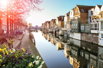 Port and canal embankment in the Dutch town of Gorinchem