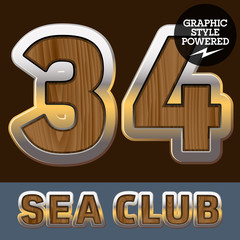 Elite old styled font in sea club theme. Numbers 3 4