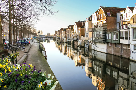 Port and canal embankment in the Dutch town of Gorinchem