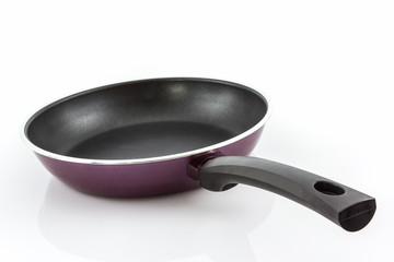 Black frying pan with handle.