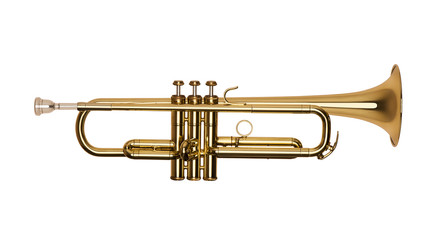 Naklejka premium golden brass trumpet in soft light isolated on white background