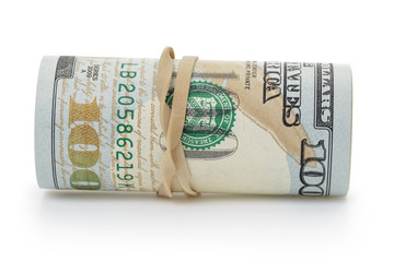 rolled hundred dollar banknotes tied with rubberband