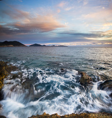 purple sunset beach of Mediterranean Sea
