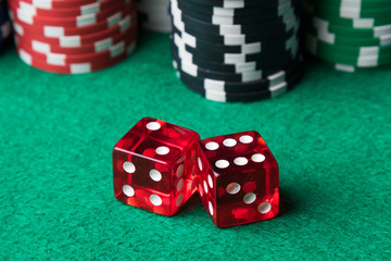 Red dices and poker chips