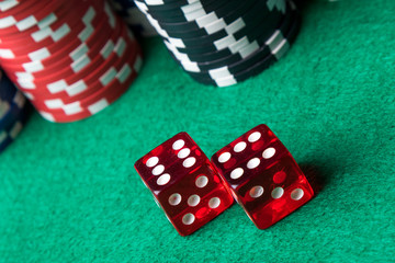 Red dices and poker chips