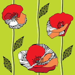 Naklejki  seamless pattern with red poppies on a light green background