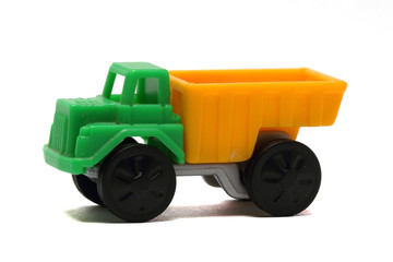 colorful toy truck on a white background close up