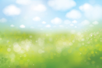 Fototapeta na wymiar Vector spring bokeh background, green field and blue sky.