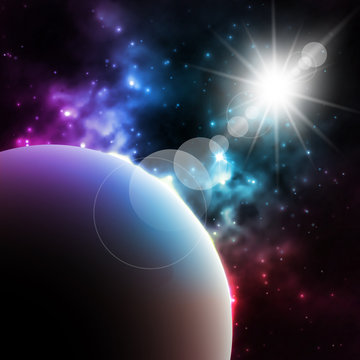 Photorealistic Galaxy background with planet and shining sun