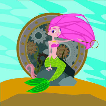 Mermaid with a magnifying glass in hand