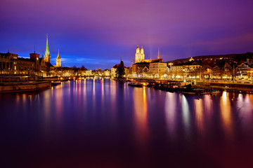 Zurich skyline and the Limmat river at night