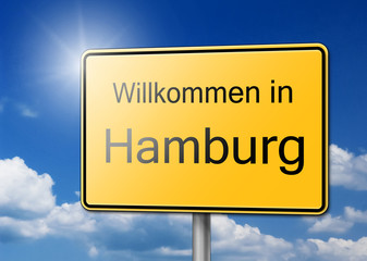 Obraz premium Willkommen in Hamburg Schild Hintergrund