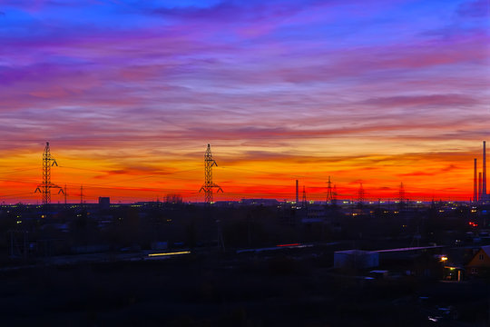 Colorful sunset in the industrial suburb