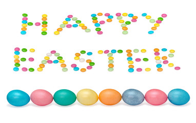 happy easter image wiht eight eggs and candys pastel colored