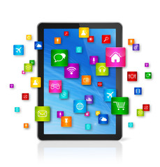 Digital Tablet pc and flying apps icons