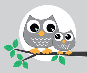 two sweet owls sitting on branch
