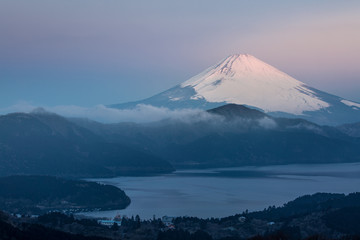 Fototapeta na wymiar Fuji Mountain Lake Hakone Sunrise