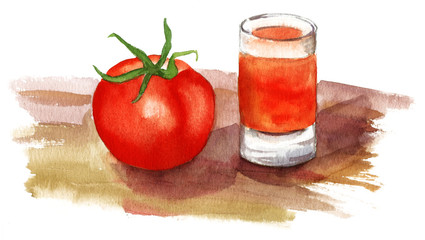 A tomato and a shot of tomato juice on white background