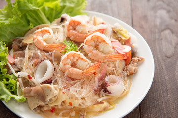 vermicelli salad on woooden table