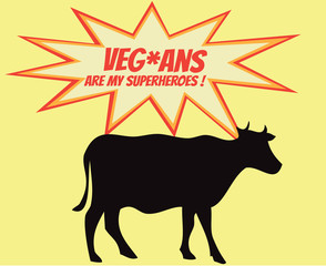 Retro silhouette of cow with comics icons with vegetarian slogan