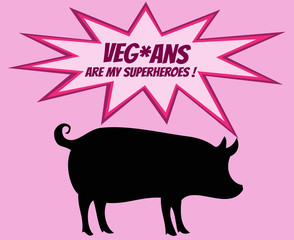 Retro silhouette of pig with comics icons with vegetarian slogan