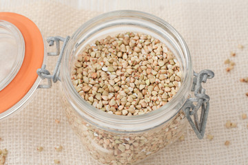 uroasted  buckwheat groats in a glass jar