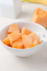 chopped cantaloupe in a bowl