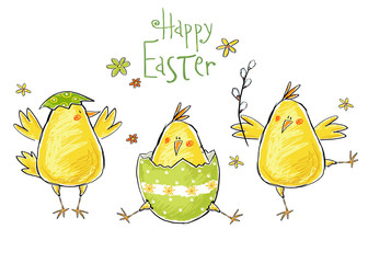 Fototapeta premium Happy easter greeting card. Cute chicken with text .
