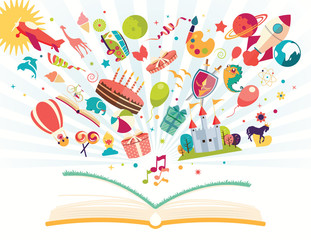 Imagination concept - open book with air balloon, rocket, airpla