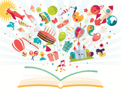 Imagination concept - open book with air balloon, rocket, airpla