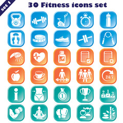 Fitness icons set, vector set of 30 fitness signs.