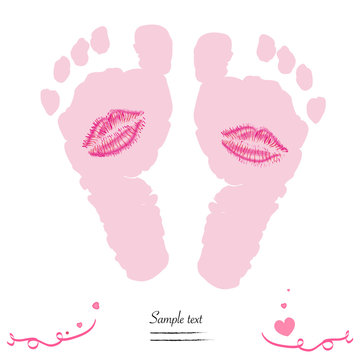 Baby Girl Feet Prints With Kiss Vector Baby Arrival Greeting