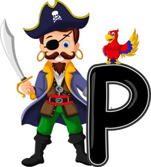 Cartoon pirate and parrots