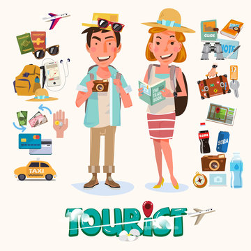 couple of tourist with gadget for travel - vector illustration