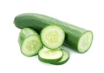 Cucumber and slices isolated over white background