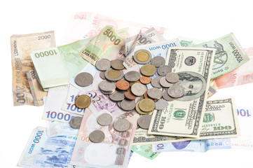 Several kind of bank notes and coin