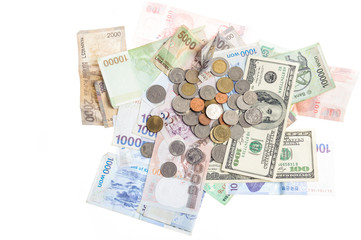 Several kind of bank notes and coin