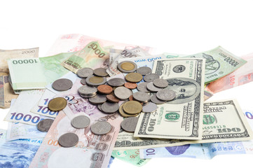Several kind of bank notes and coin
